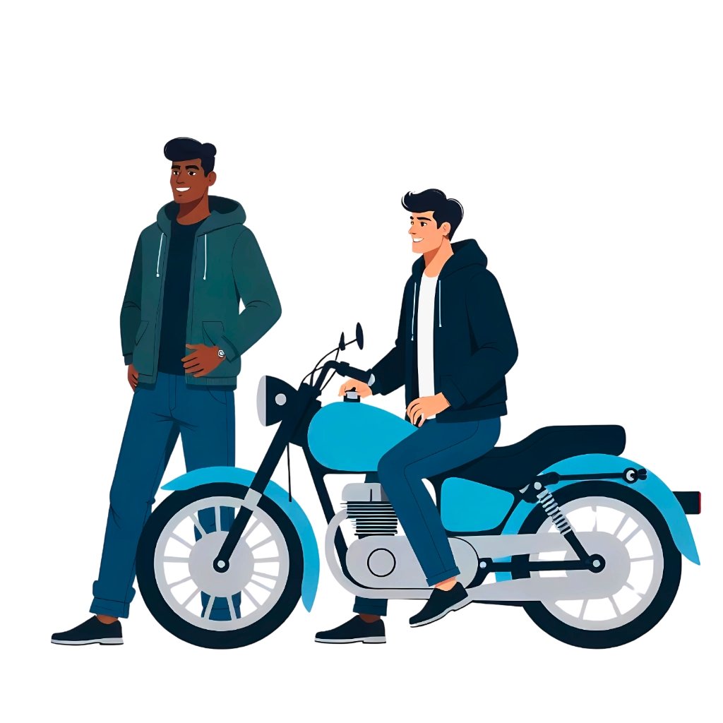 Illustration of two young men, one standing and the other sitting on a blue motorcycle, with a cityscape in the background.