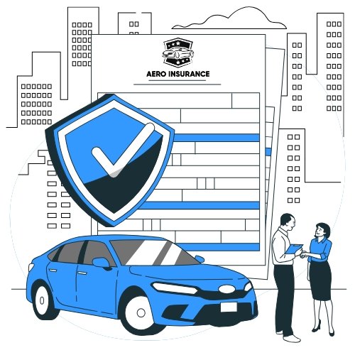 An illustration depicting a car insurance theme. A blue car is shown in the foreground with a shield icon containing a checkmark, symbolizing security and protection. In the background, two individuals are shaking hands, suggesting an agreement or transaction, with documents labeled "Aero Insurance" and a cityscape in the distance.